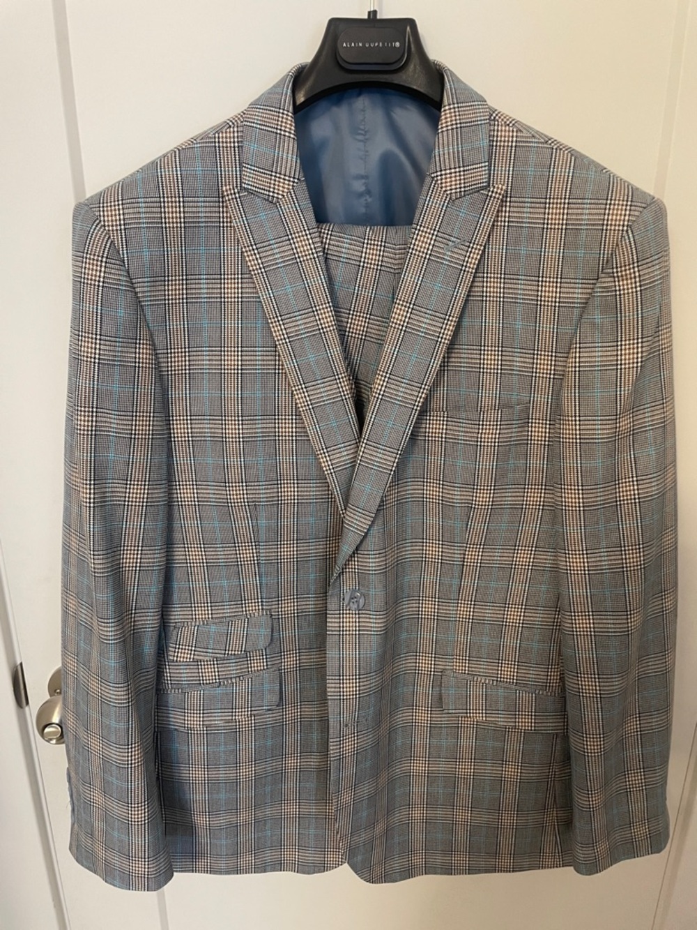 3-piece SLIM FIT suit. Colors: Navy Blue, Aqua Blue, Tan, and White.